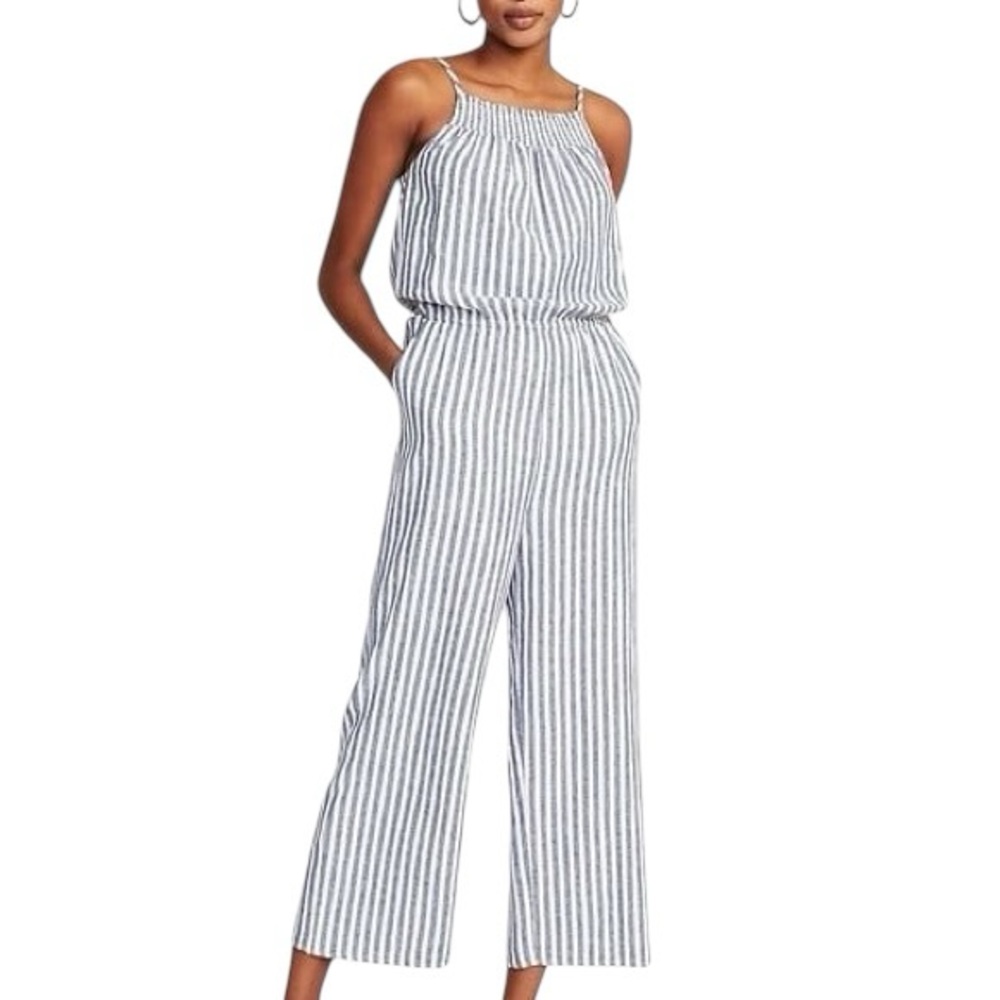Old Navy EUC Striped Linen Blend Wide-Leg Jumpsuit